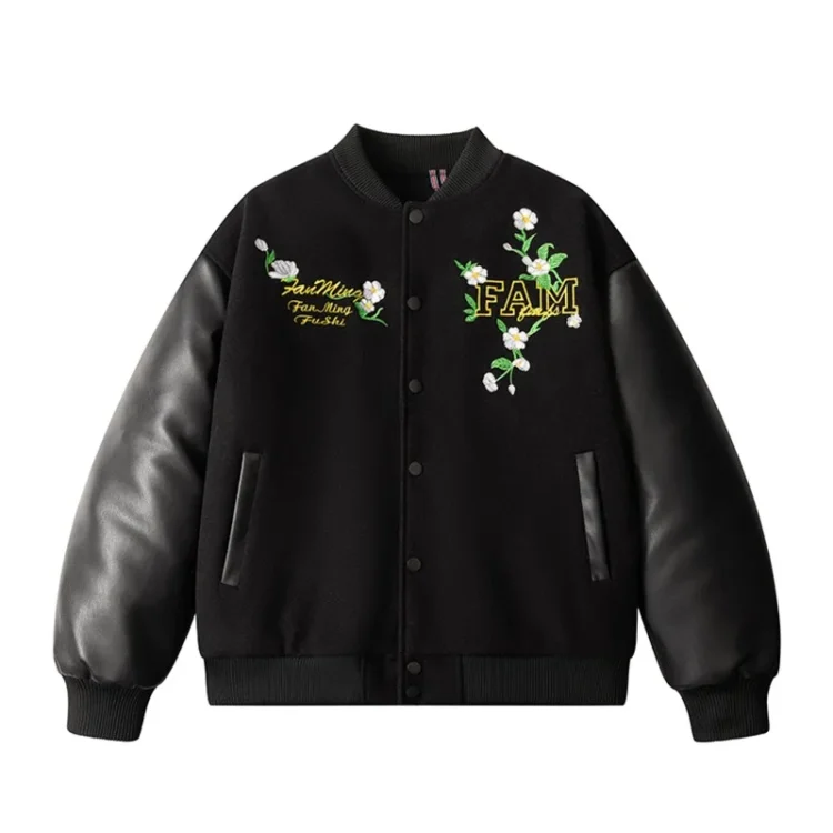 Varsity Jacket Cuir Noir Brodé