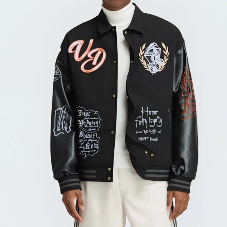 Veste Teddy Cuir Noir Brodée