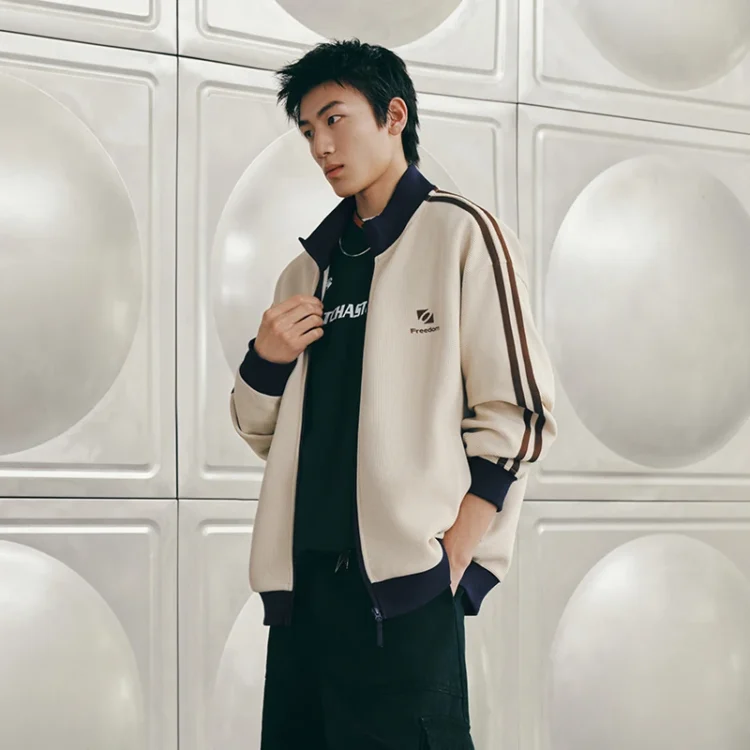 Blouson Teddy Américain Crème Bandes Marine